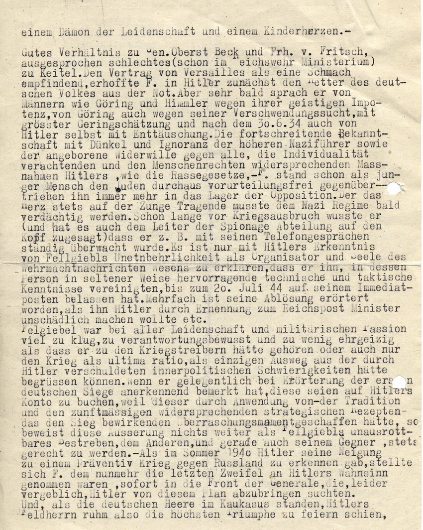 Bericht von Fritz Rasch über den Charakter und die Person von General Erich Fellgiebel