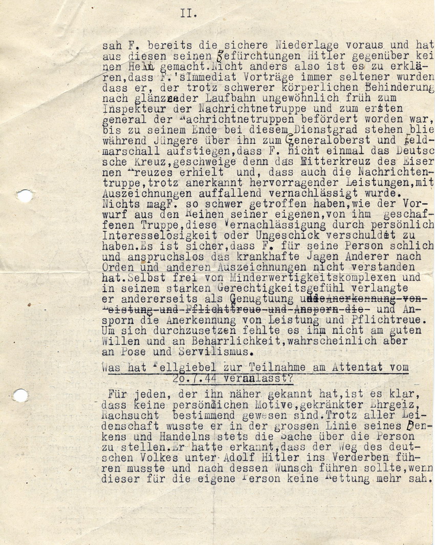 Bericht von Fritz Rasch über den Charakter und die Person von General Erich Fellgiebel