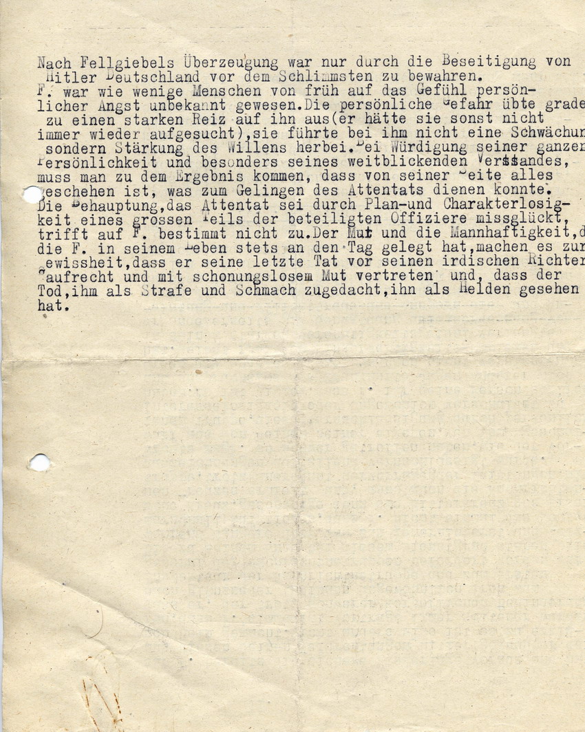 Bericht von Fritz Rasch über den Charakter und die Person von General Erich Fellgiebel