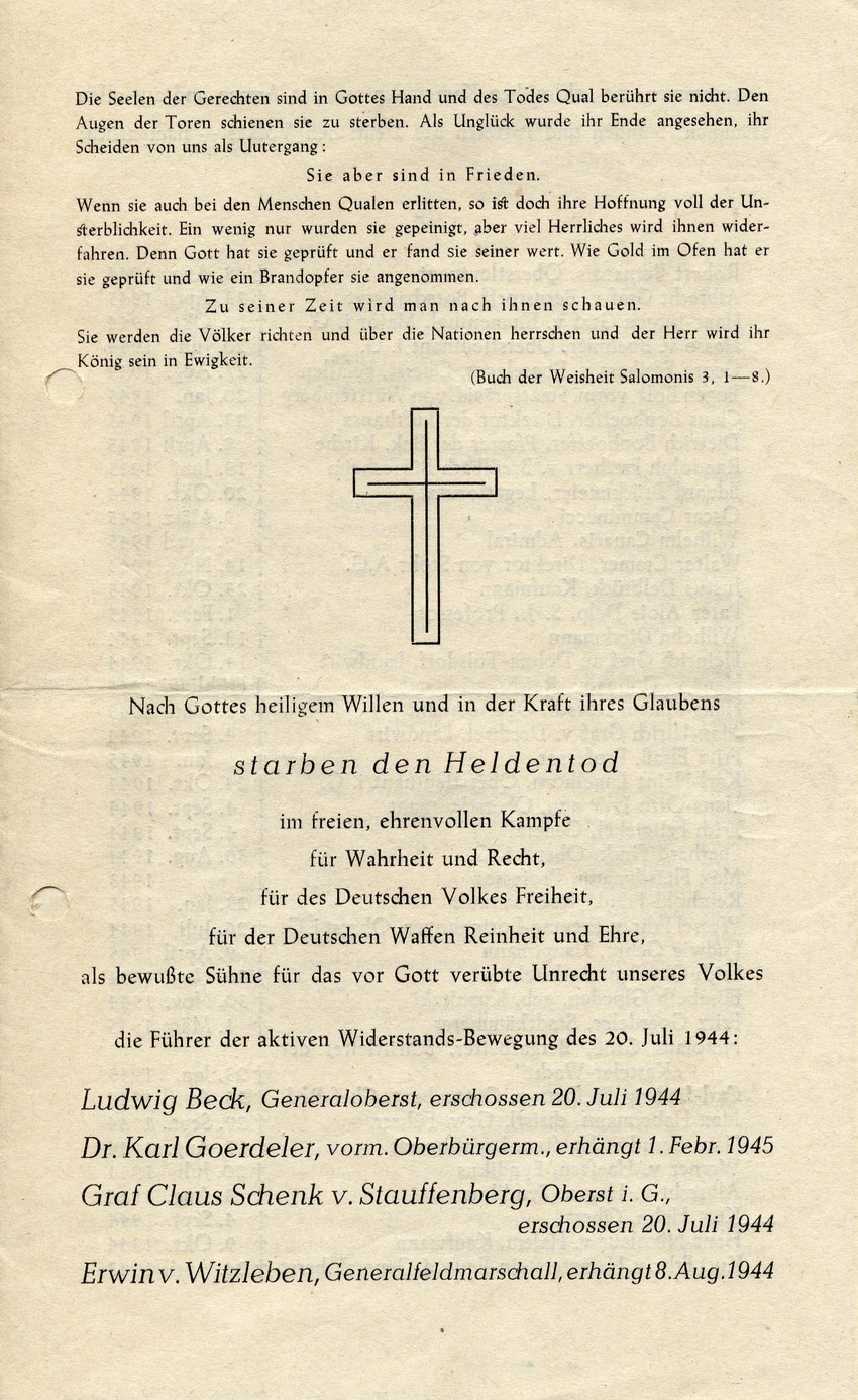 Broschüre im Gedenken an die Opfer des 20. Juli 1944, 4. Mai 1947