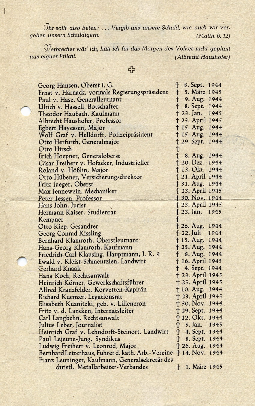 Broschüre im Gedenken an die Opfer des 20. Juli 1944, 4. Mai 1947