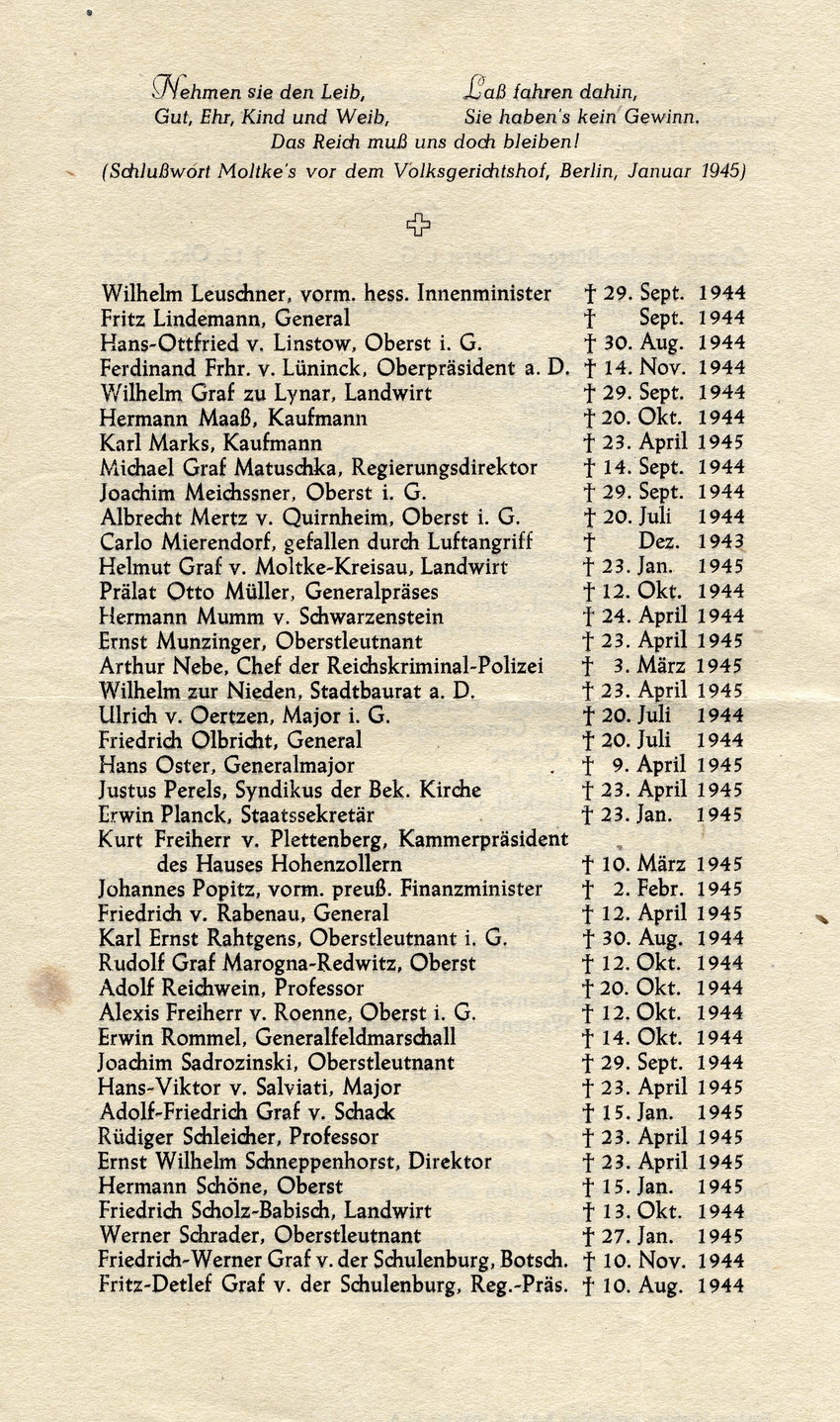 Broschüre im Gedenken an die Opfer des 20. Juli 1944, 4. Mai 1947