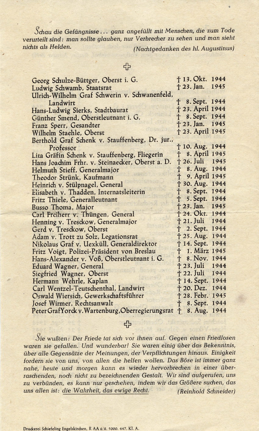 Broschüre im Gedenken an die Opfer des 20. Juli 1944, 4. Mai 1947