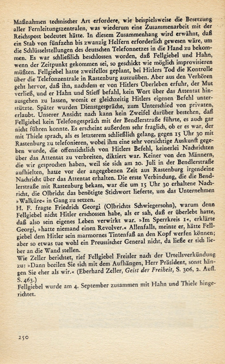 Anhang "Fellgiebels angeblicher Telefonanruf aus Rastenburg 20. Juli" aus "Der 20. Juli" von Heinrich Fraenkel und Roger Manvell, Verlag Ullstein, 1964