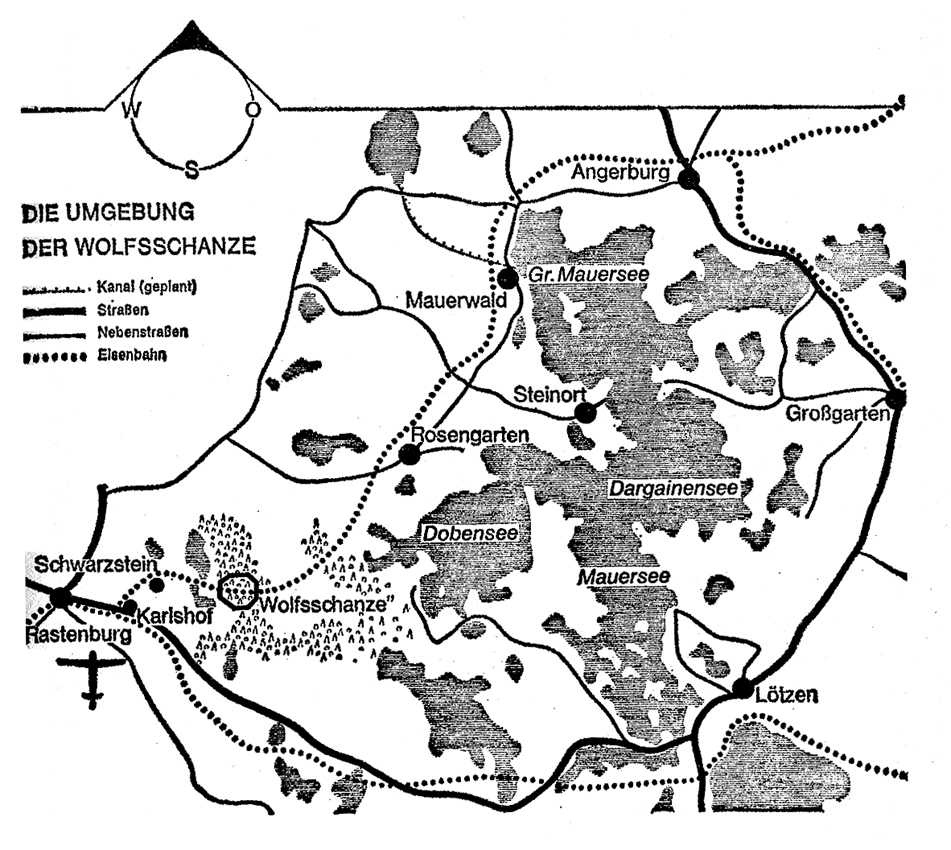 Karte mit der Umgebung der "Wolfsschanze" aus "Der 20. Juli" von Heinrich Fraenkel und Roger Manvell, Verlag Ullstein, 1964