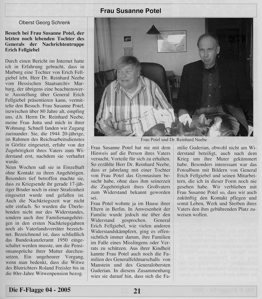 Artikel von Oberst Georg Schrenk in der Zeitschrift F-Flagge, betreffend Zusammenkunft mit Susanne Potel, Tochter von General Erich Fellgiebel, 2005