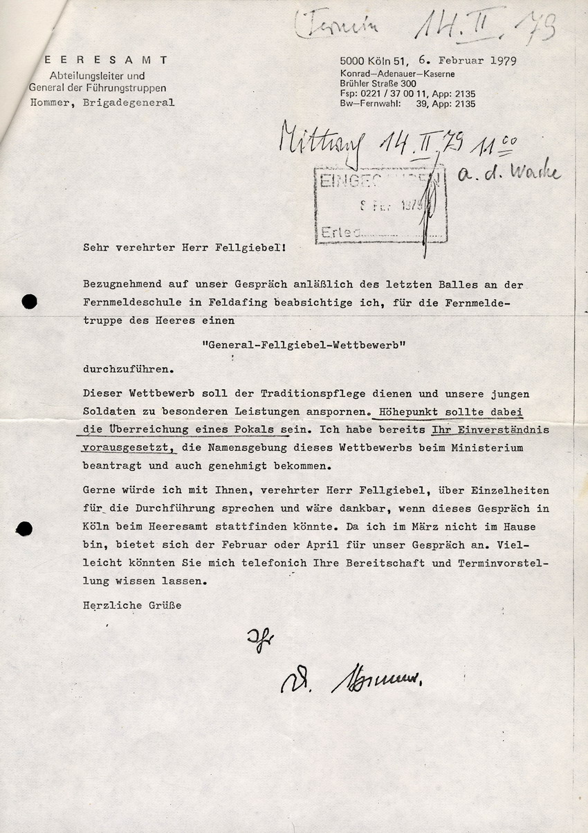 Schreiben von Brigadegeneral Hommer an Walther- Peer Fellgiebel betreffend "General Fellgiebel Wettbewerb", 6. Februar 1979