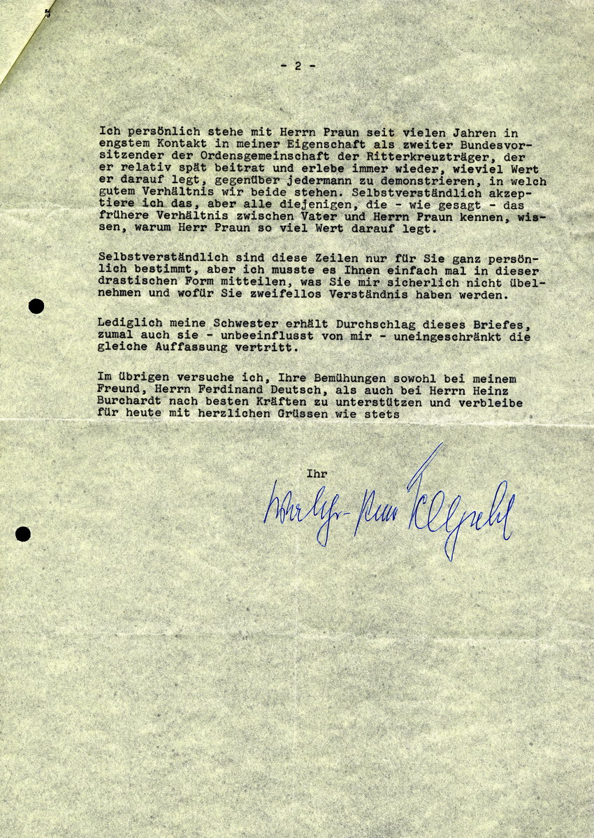 Schreiben von Walther-Peer Fellgiebel an Dr. Wildhagen betreffend Verhältnis zwischen General Fellgiebel und seinem Nachfolger General Albert Praun, 10. November 1969