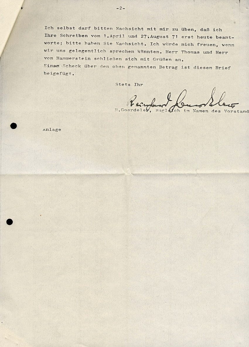 Schreiben der Stiftung "Hilfswerk 20. Juli" an Walther-Peer Fellgiebel betreffend Unkostenbeitrag für Materialsammlung über General Fellgiebel, 6. September 1971