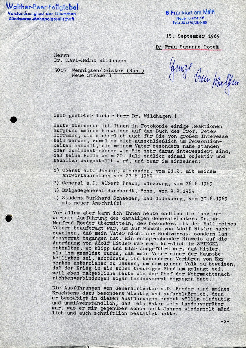 Schreiben von Walther-Peer Fellgiebel an Dr. Wildhagen betreffend Reaktionen auf "Widerstand - Staatsstreich - Attentat" von Peter Hoffmann, 15. September 1969