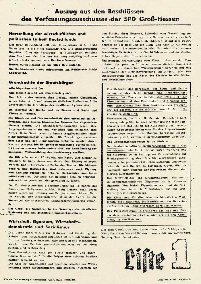 Flugblatt: "Auszüge aus den Beschlüssen des Verfassungsausschusses der SPD Groß-Hessen" vom Juni 1946
