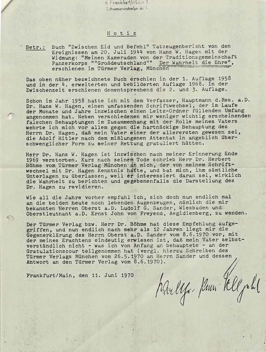 Notiz von Walther- Peer Fellgiebel betreffend angebliche Teilnahme General Fellgiebels an Hitlers Gratulationscour nach dem 20. Juli 1944, 11. Juni 1970