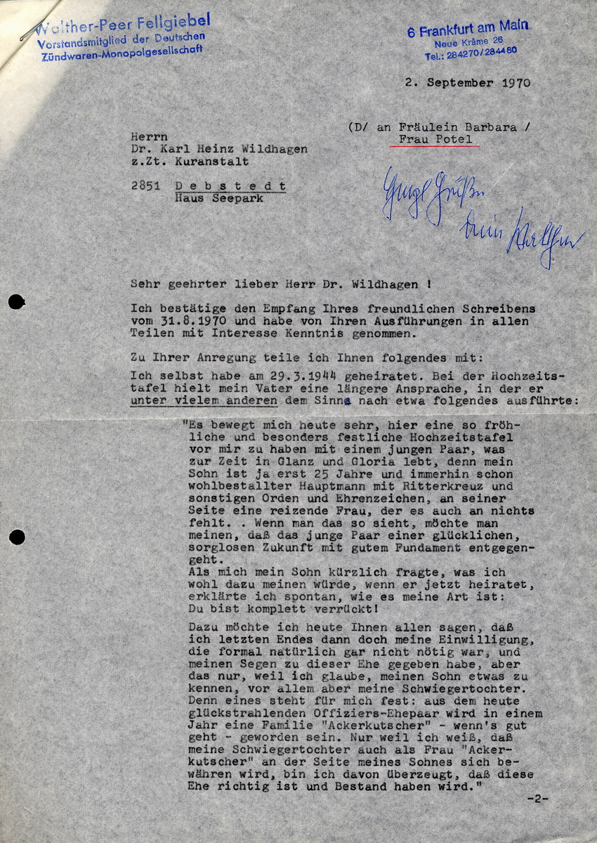 Schreiben von Dr. Wildhagen an Walther-Peer Fellgiebel betreffend General Fellgiebels angebliche Warnung vor Repressalien nach möglichem Putschversuch vom 23. März 1944, 31. August 1970