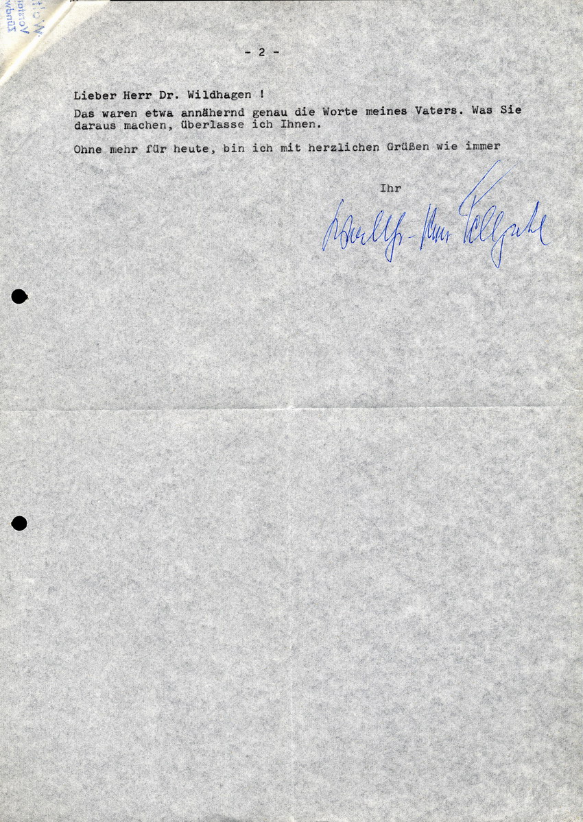 Schreiben von Dr. Wildhagen an Walther-Peer Fellgiebel betreffend General Fellgiebels angebliche Warnung vor Repressalien nach möglichem Putschversuch vom 23. März 1944, 31. August 1970