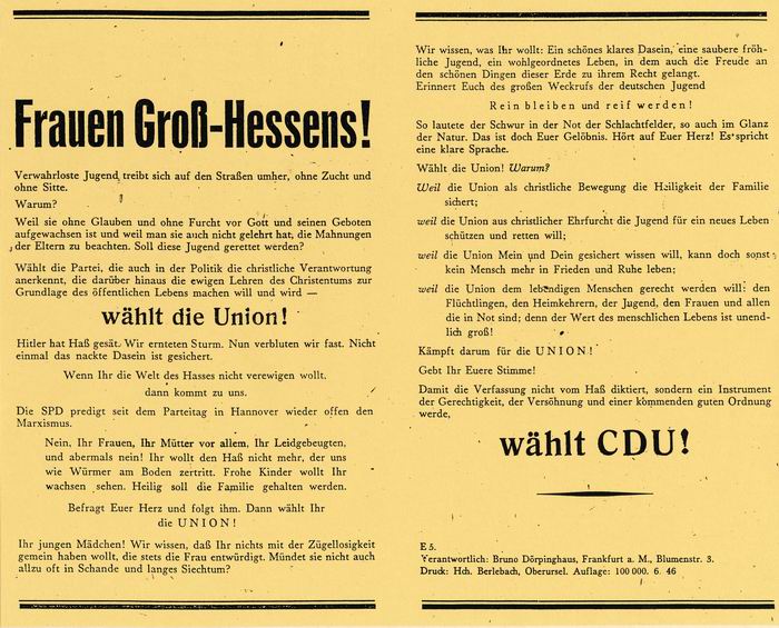 Flugblatt: "Frauen Groß-Hessens! Wählt CDU!" vom Juni 1946