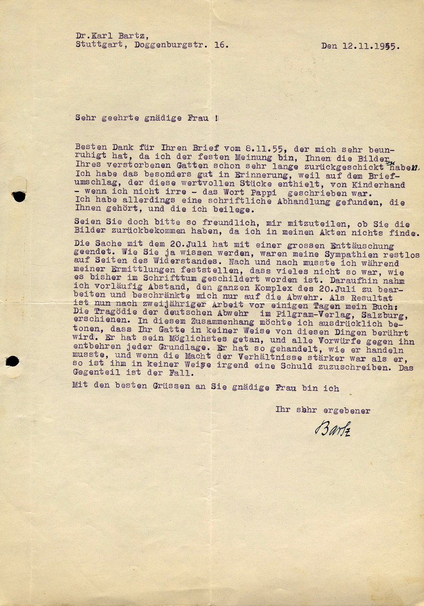 Schreiben von Dr. Karl Bartz an Cläre Fellgiebel betreffend Publikation zum 20. Juli 1944, 12. November 1955
