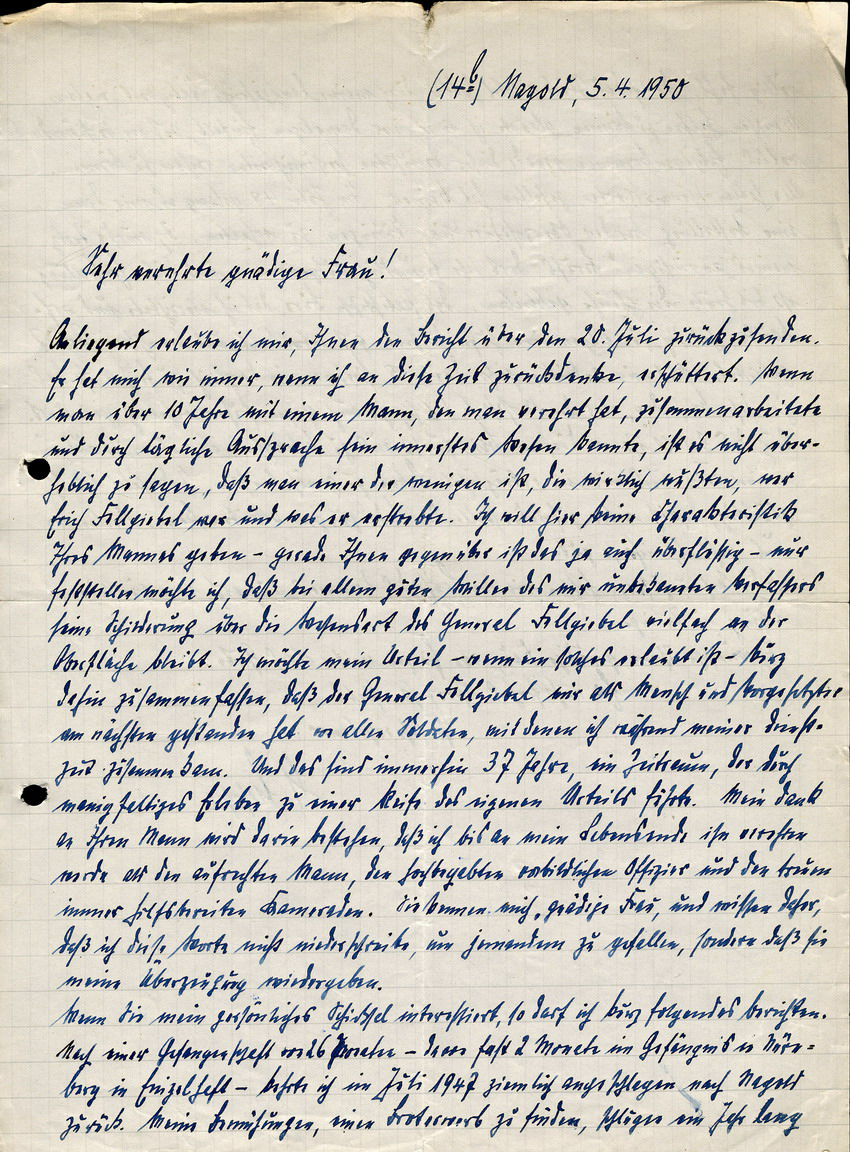 Brief von Hans Juppe an Cläre Fellgiebel betreffend General Fellgiebel, 4. Mai 1955