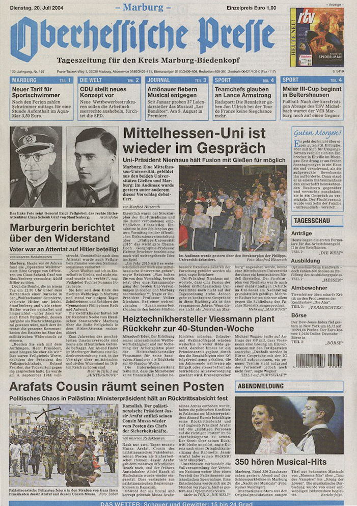 Berichterstattung in der Oberhessischen Presse zum 60. Jahrestag des 20. Juli 1944, 20. Juli 2004