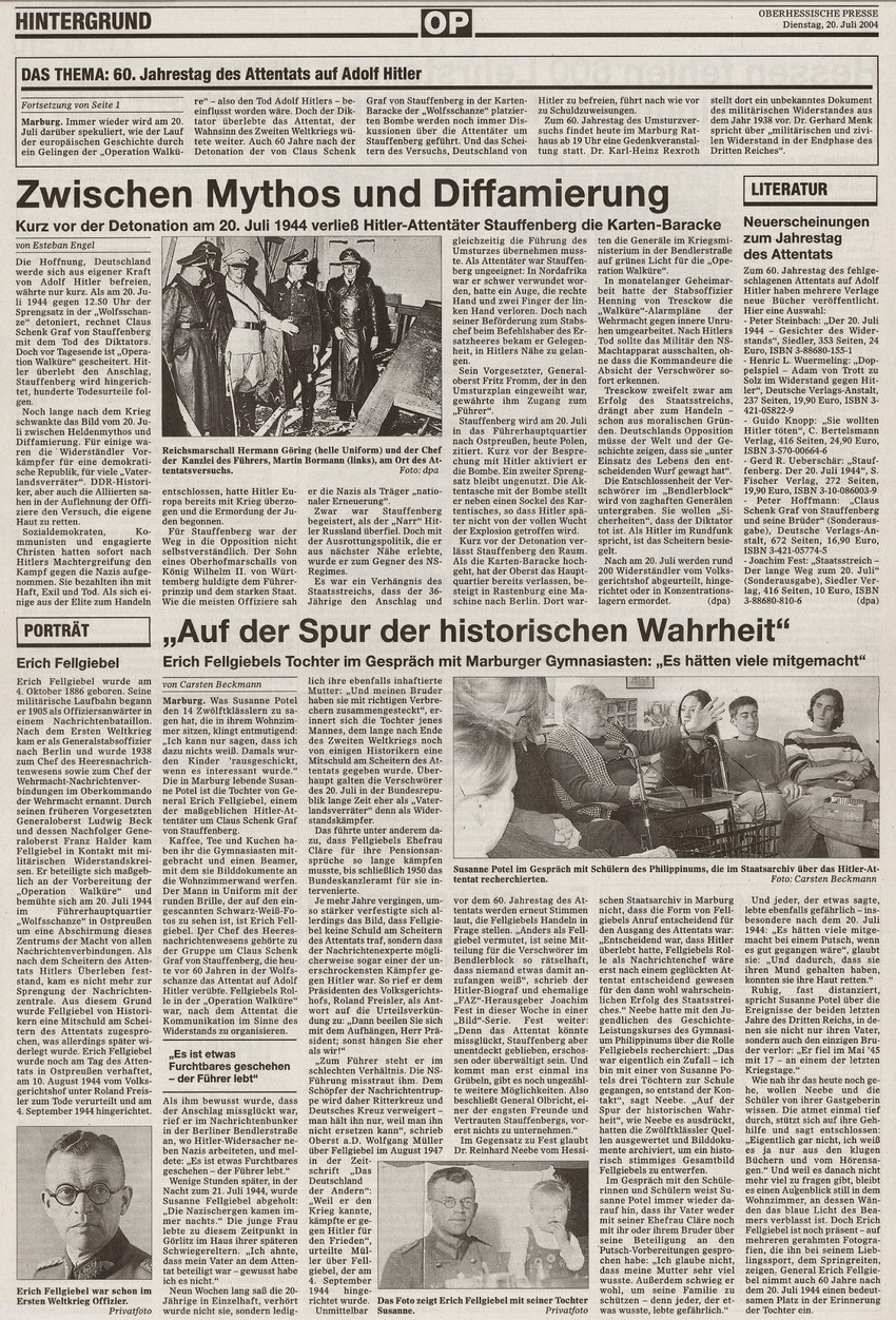 Berichterstattung in der Oberhessischen Presse zum 60. Jahrestag des 20. Juli 1944, 20. Juli 2004