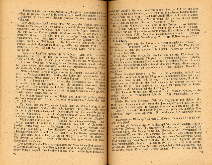 Auszüge aus "Gegen eine neue Dolchstoßlüge - Ein Erlebnisbericht zum 20. Juli 1944" von Wolfgang Müller, Verlag Das Andere Deutschland 1947