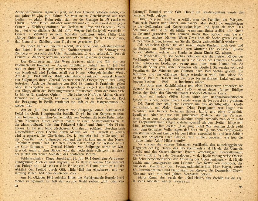 Auszüge aus "Gegen eine neue Dolchstoßlüge - Ein Erlebnisbericht zum 20. Juli 1944" von Wolfgang Müller, Verlag Das Andere Deutschland 1947