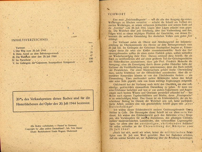 Auszüge aus "Gegen eine neue Dolchstoßlüge - Ein Erlebnisbericht zum 20. Juli 1944" von Wolfgang Müller, Verlag Das Andere Deutschland 1947