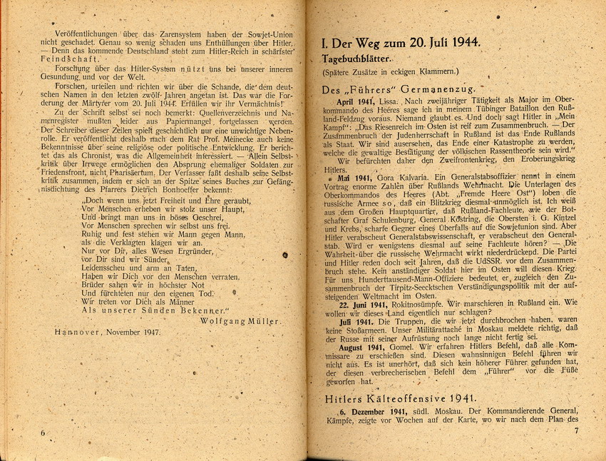 Auszüge aus "Gegen eine neue Dolchstoßlüge - Ein Erlebnisbericht zum 20. Juli 1944" von Wolfgang Müller, Verlag Das Andere Deutschland 1947