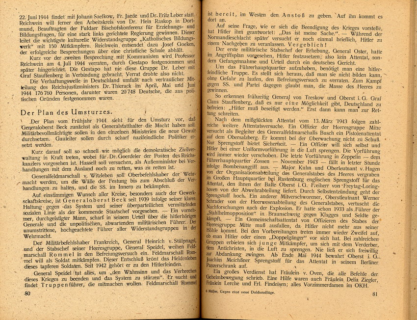Auszüge aus "Gegen eine neue Dolchstoßlüge - Ein Erlebnisbericht zum 20. Juli 1944" von Wolfgang Müller, Verlag Das Andere Deutschland 1947