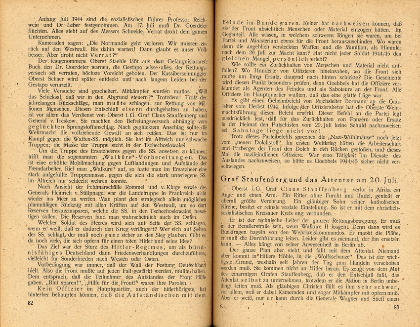Auszüge aus "Gegen eine neue Dolchstoßlüge - Ein Erlebnisbericht zum 20. Juli 1944" von Wolfgang Müller, Verlag Das Andere Deutschland 1947