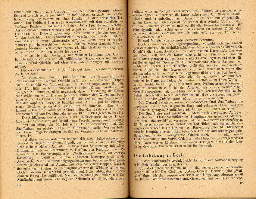 Auszüge aus "Gegen eine neue Dolchstoßlüge - Ein Erlebnisbericht zum 20. Juli 1944" von Wolfgang Müller, Verlag Das Andere Deutschland 1947