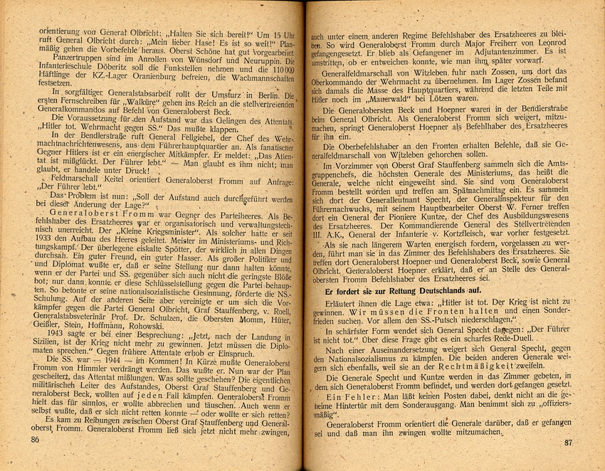 Auszüge aus "Gegen eine neue Dolchstoßlüge - Ein Erlebnisbericht zum 20. Juli 1944" von Wolfgang Müller, Verlag Das Andere Deutschland 1947