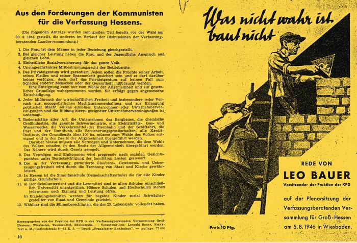 Broschüre: "Was nicht wahr ist, baut nicht...Aus den Forderungen der Kommunisten für die Verfassung Hessens