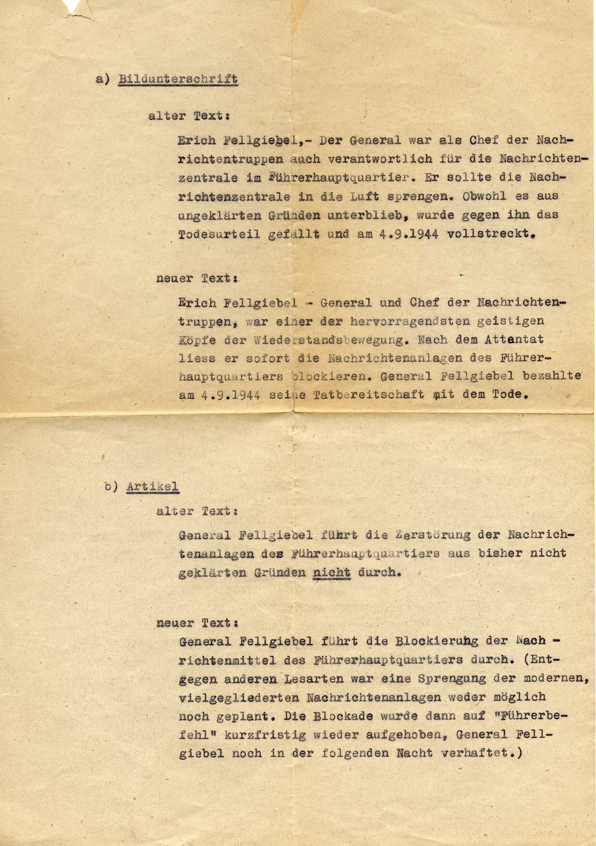 Schreiben der Bundeszentrale für Heimatdienst an Cläre Fellgiebel betreffend Textänderungen in "Die Wahrheit über den 20. Juli 1944" der Zeitschrift "Das Parlament", 2. Dezember 1952