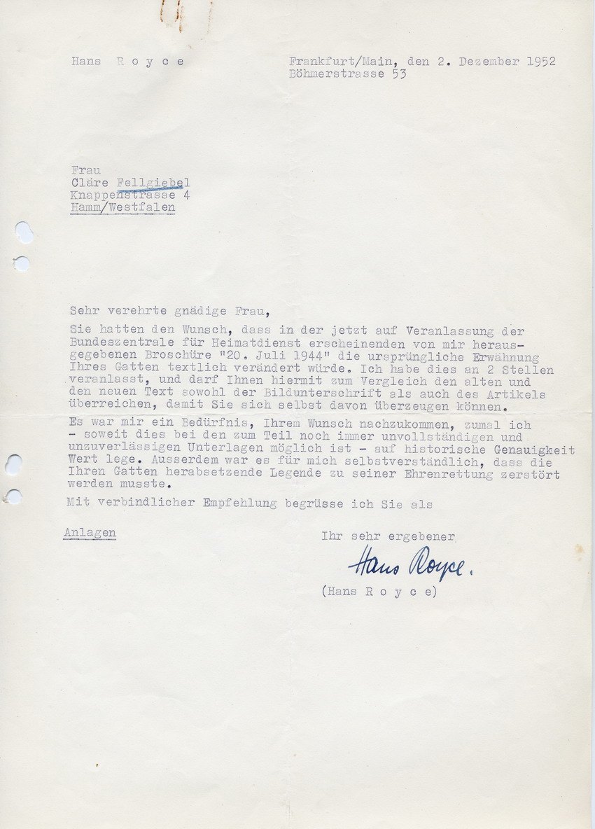 Schreiben der Bundeszentrale für Heimatdienst an Cläre Fellgiebel betreffend Textänderungen in "Die Wahrheit über den 20. Juli 1944" der Zeitschrift "Das Parlament", 2. Dezember 1952