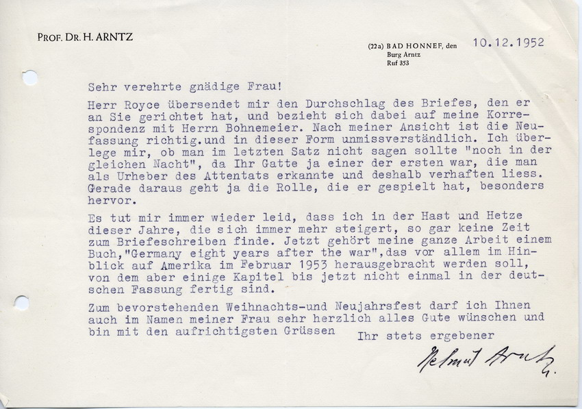 Schreiben Prof. Dr. Arntz an Cläre Fellgiebel betreffend Neufassung von "Die Wahrheit über den 20. Juli 1944" in Zeitschrift "Das Parlament", 10. Dezember 1952