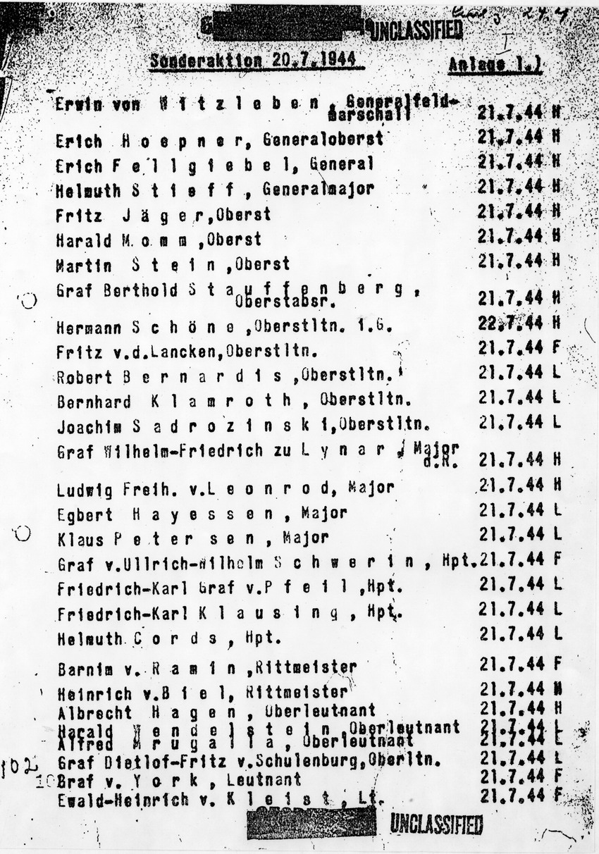 Anlage 1 zu Kaltenbrunner- Bericht über die Verschwörung vom 20. Juli 1944: Verhaftungsprotokoll im Zuge der Sonderaktion des RSHA, 24. Juli 1944