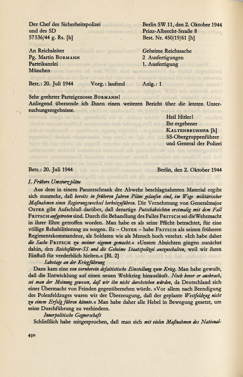 Kaltenbrunner an Bormann betreffend Fellgiebels Rolle bei vorbereitenden Umsturzplanungen, 2. Oktober 1944