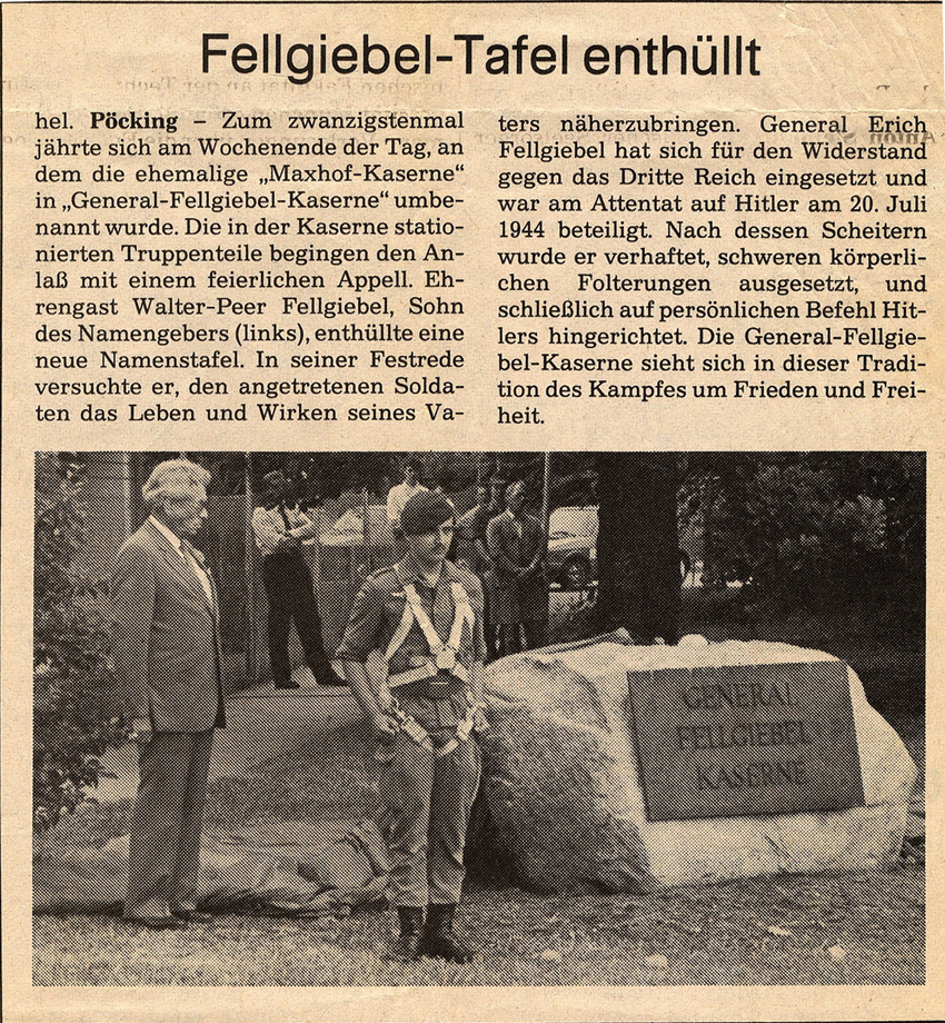 Zeitungsbericht der SZ über Enthüllung einer Tafel zu Ehren General Erich Fellgiebels, 7. Juli 1989