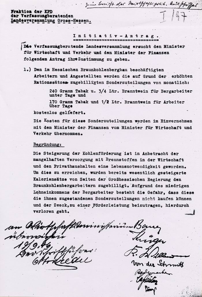 Initiativantrag der KPD-Fraktion der Verfassungsberatenden Landesversammlung um Steigerung der Tabakzuteilung für Braunkohlebergarbeiter vom September 1946
