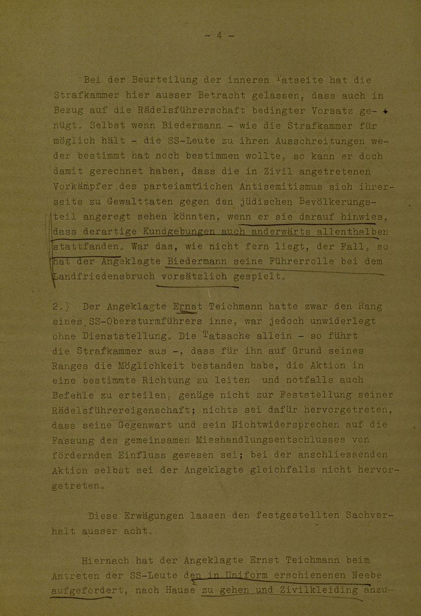 Beschluss des Bundesgerichtshofes betreffend Aufhebung Urteil vom 14.8.1951 gegen Walter Biedermann, Ernst und Otto Teichmann, Hermann Mandt als Urheber der Kirchhainer "Judenaktion" von 1938, 25. Februar 1954 [Dokumentabschnitt 1].