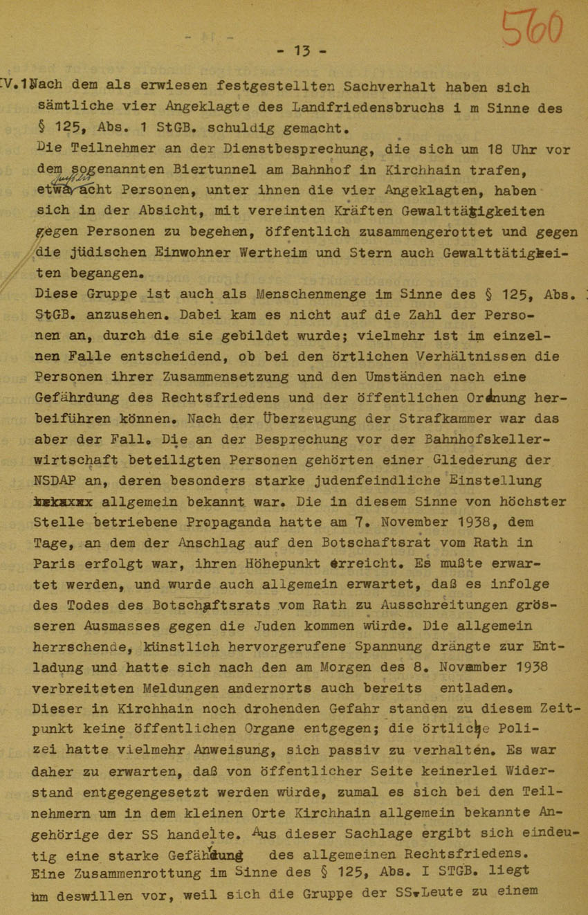 Urteil des Landgerichts Marburg im Prozess gegen die Urheber der Kirchhainer "Judenaktion" von 1938, 14.August 1951 [Dokumentabschnitt 2].