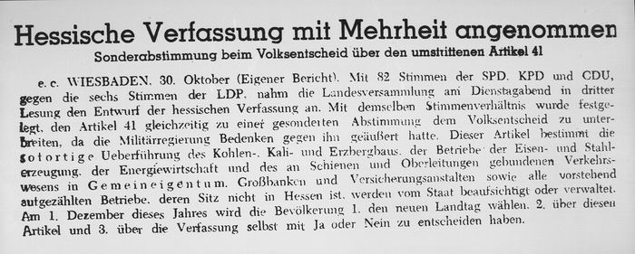 Zeitungsartikel "Hessische Verfassung mit Mehrheit angenommen" (Auszüge)