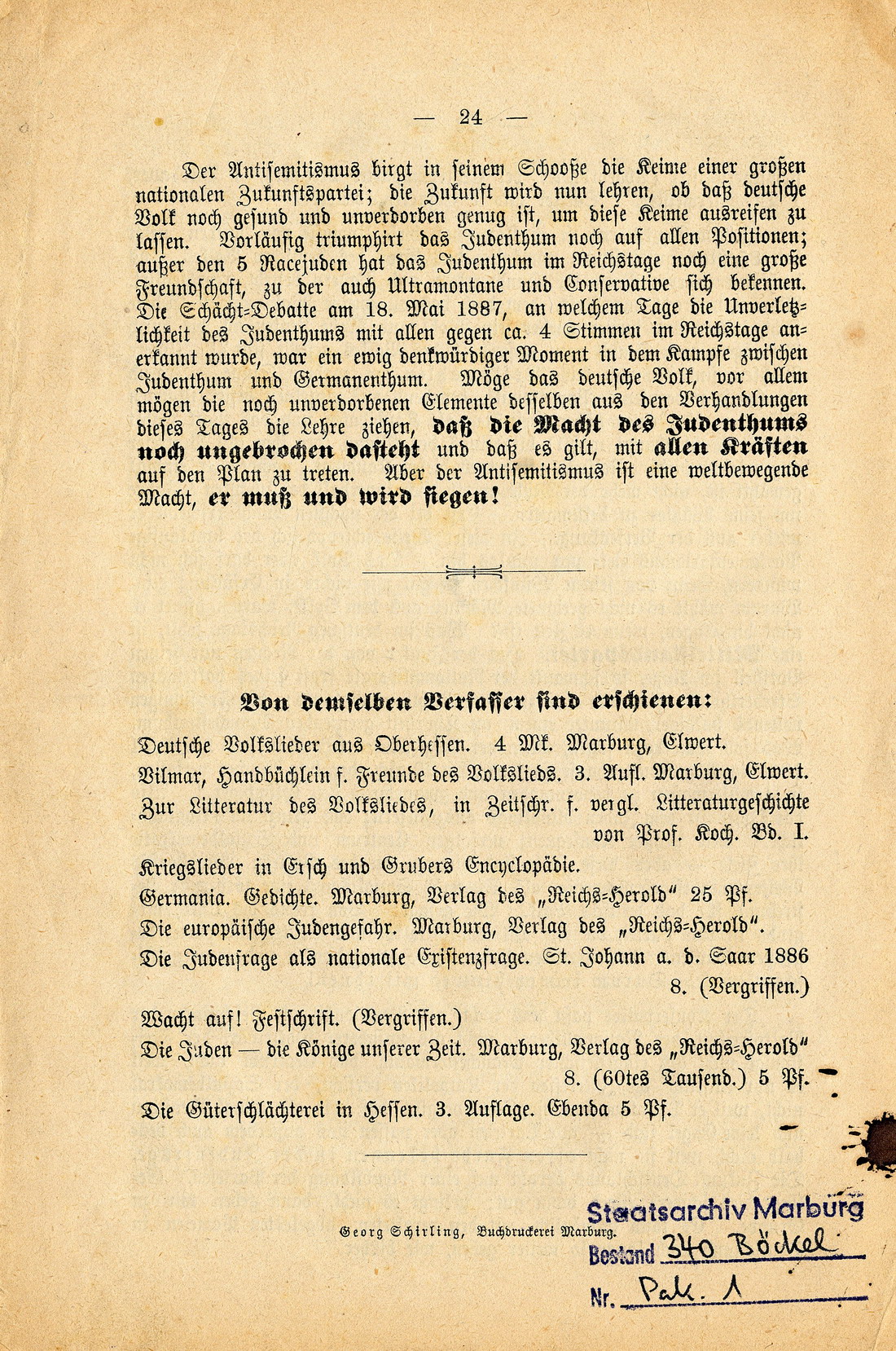 Die Quintessenz der Judenfrage. Ansprache an seine Wähler und alle deutsch-nationalen Männer im Vaterlande - Pamphlet Otto Böckels 1889.