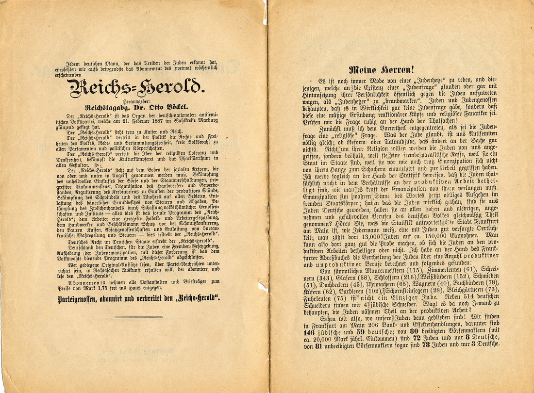 Die Quintessenz der Judenfrage. Ansprache an seine Wähler und alle deutsch-nationalen Männer im Vaterlande - Pamphlet Otto Böckels 1889.