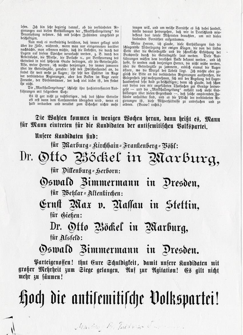 Wahlplakate und Flugblätter der Böckel-Bewegung 1887, 1890 und 1898