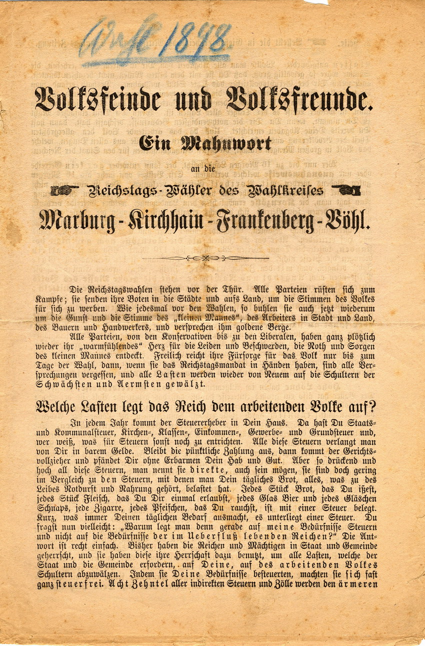 Volksfeinde und Volksfreunde. Ein Mahnwort an die Reichtagswähler des Wahlkreises Marburg-Kirchhain-Frankenberg-Vöhl - Wahlbroschüre der Sozialdemokraten 1898