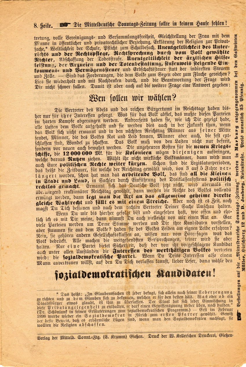 Volksfeinde und Volksfreunde. Ein Mahnwort an die Reichtagswähler des Wahlkreises Marburg-Kirchhain-Frankenberg-Vöhl - Wahlbroschüre der Sozialdemokraten 1898