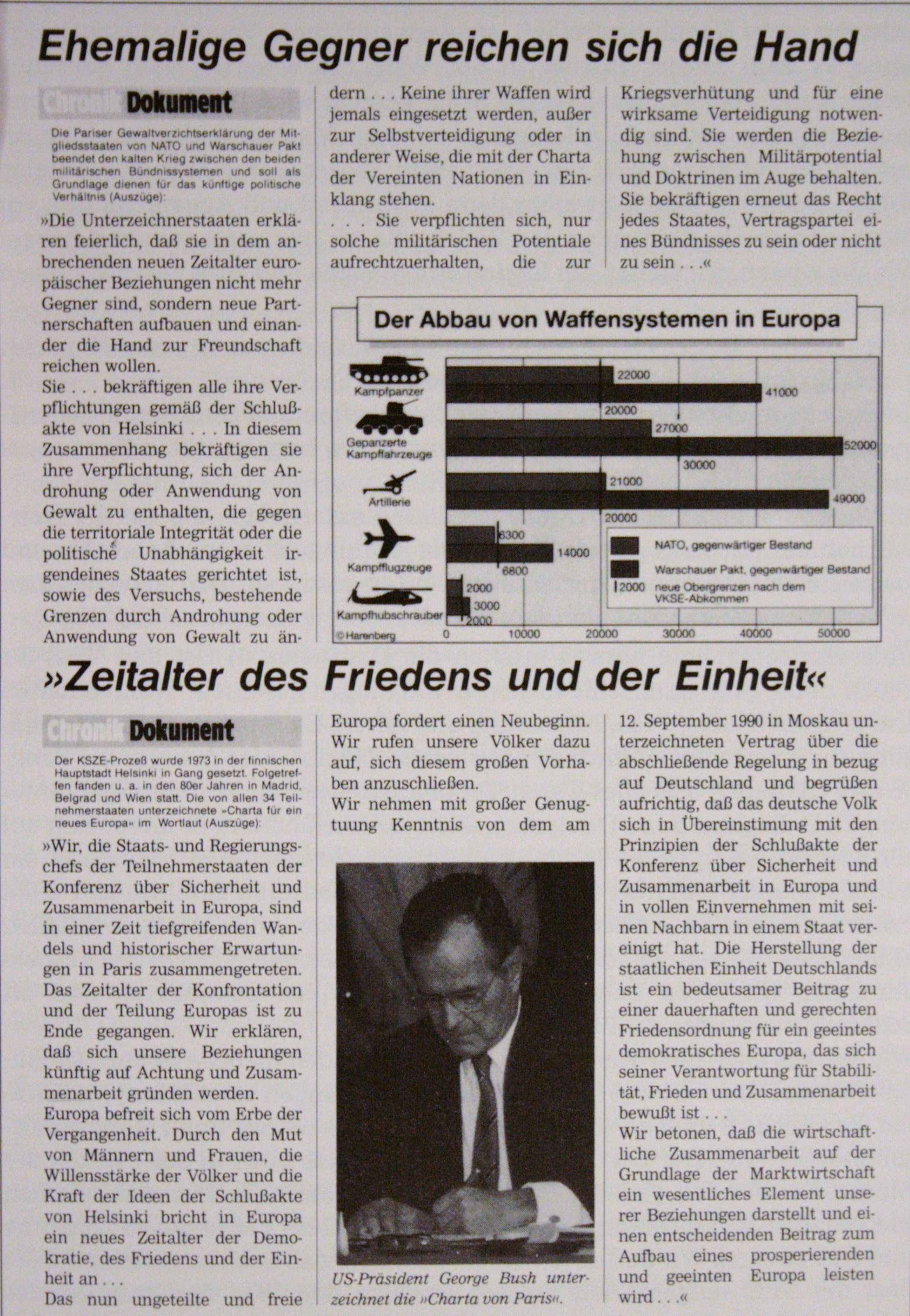 Das Ende des Kalten Krieges: Gemeinsame Erklärung von Nato und Warschauer Pakt vom 19.11.1990 und die "Charta für ein neues Europa" der KSZE-Konferenz vom 21.11.1990, beschlossen auf dem Gipfeltreffen der Staats- und Regierungschefs der 34 Teilnehmerstaat