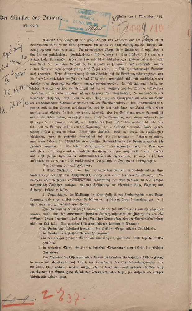 Êrlass der Preußischen Ministers des Innern zur Regelung der Ausweisung von Ostjuden, 1. November 1919