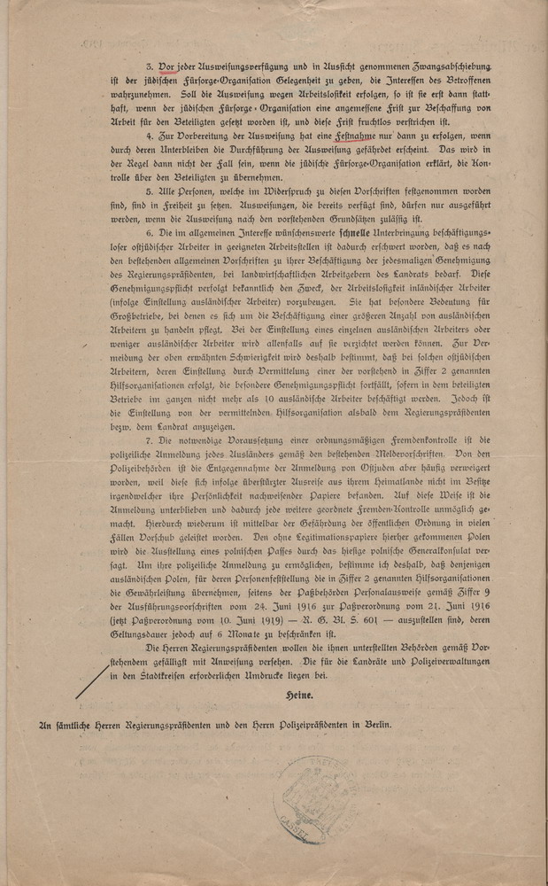 Êrlass der Preußischen Ministers des Innern zur Regelung der Ausweisung von Ostjuden, 1. November 1919